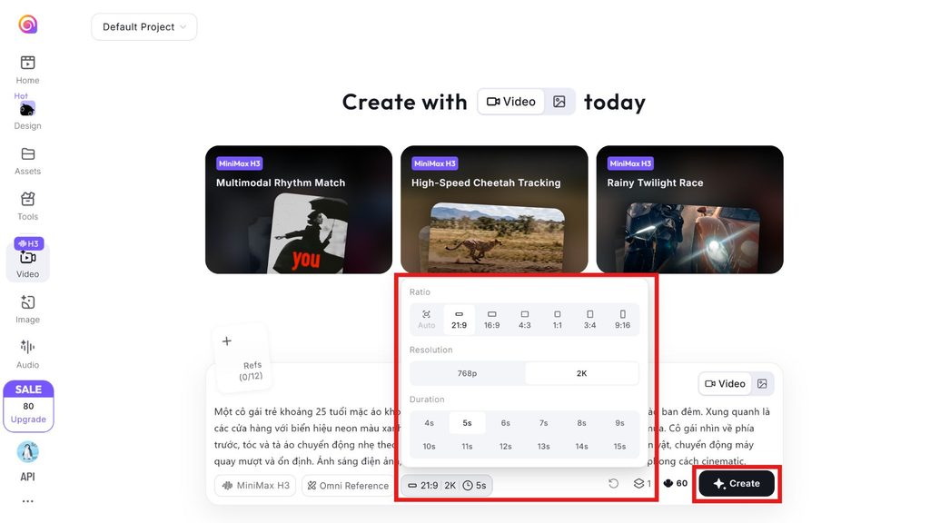 Tạo video và điều chỉnh các thông số trên hailuo ai