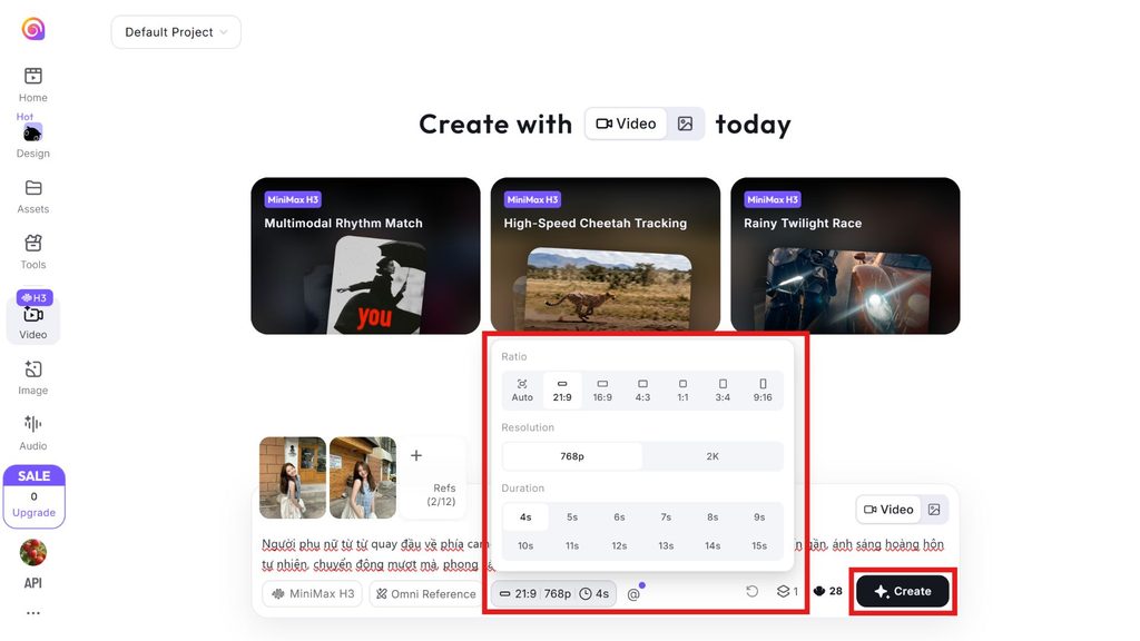 chỉnh thông số video trên hailuo ai