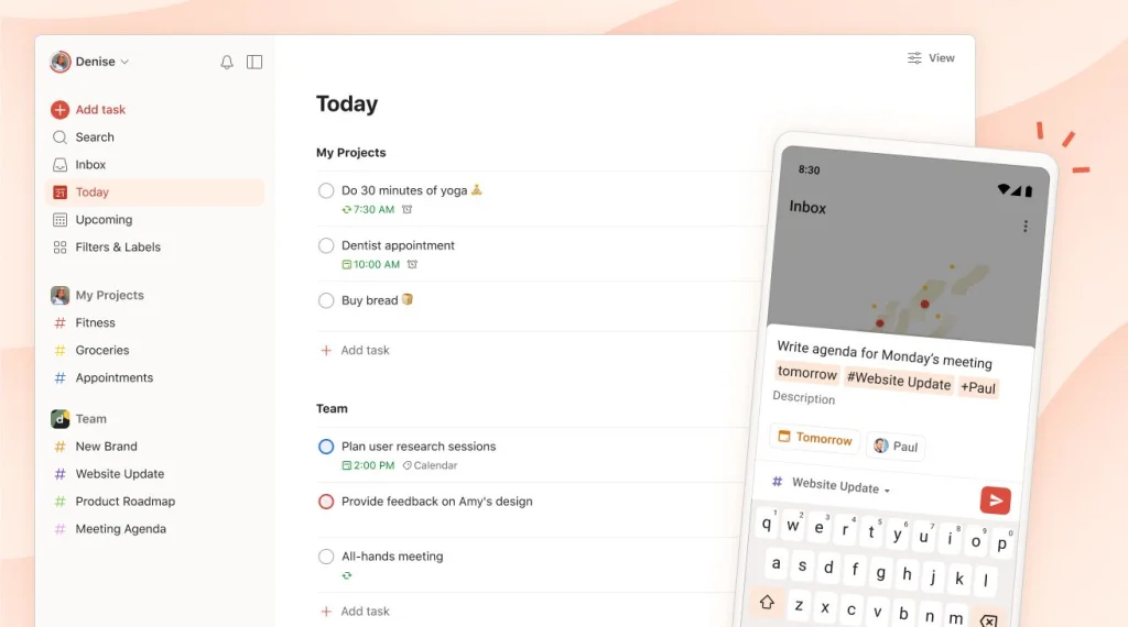 Todoist – ứng dụng quản lý công việc với task, subtask, deadline và mức độ ưu tiên.