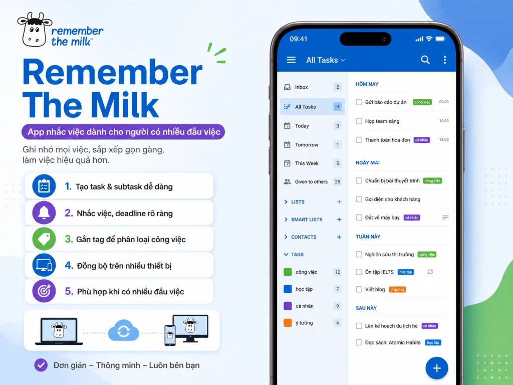 Remember The Milk – app nhắc việc với task, subtask, tag và deadline.