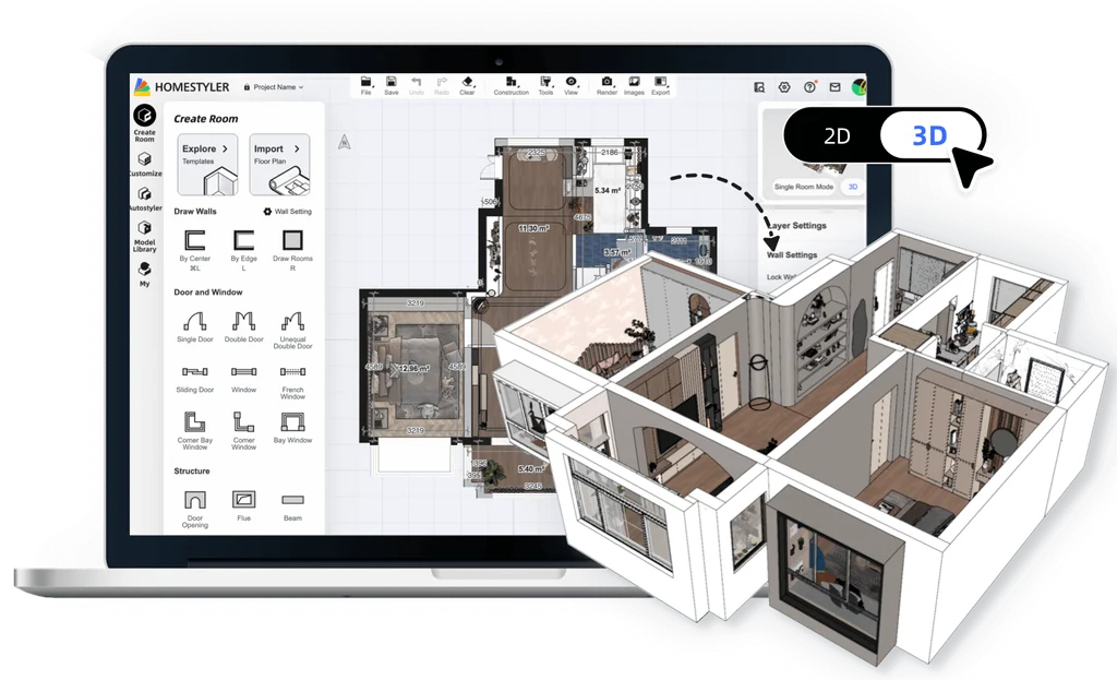 Homestyler 3D home design app creating floor plans and interior renders online