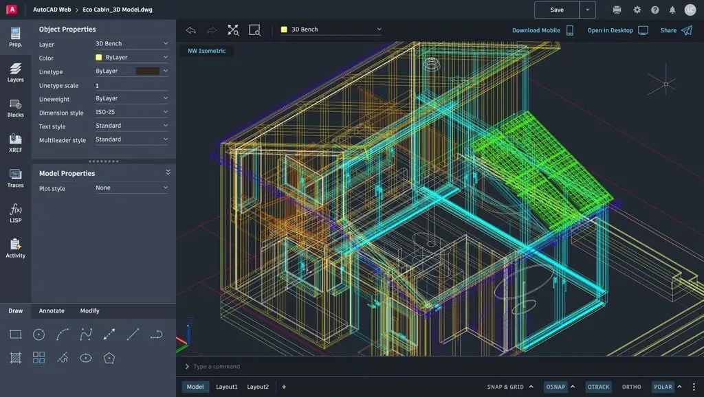 AutoCAD Web and Mobile home design software editing a DWG drawing