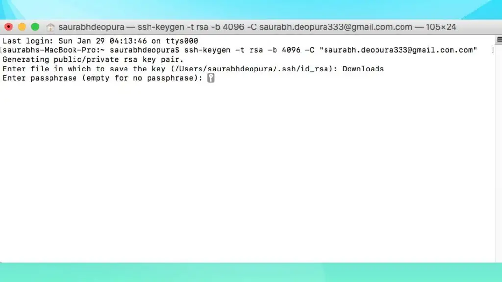 Nhập passphrase khi tạo SSH Key