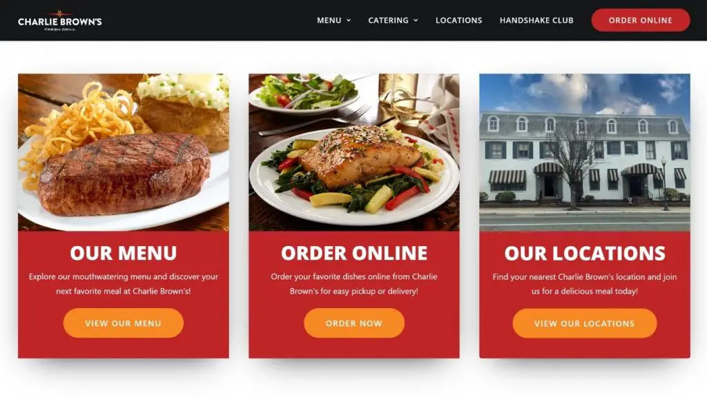 Giao diện website nhà hàng - Charlie Brown’s Fresh Grill