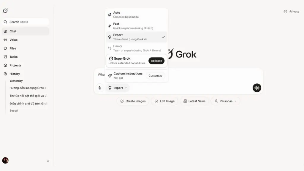 các chế độ sử dụng Grok 4