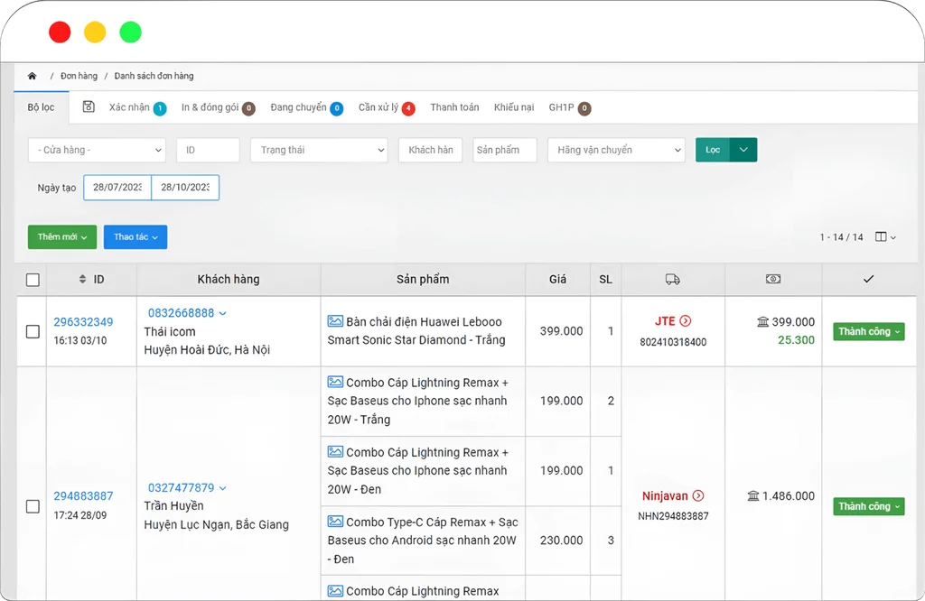 The Nhanh.POS multichannel order and inventory management app interface