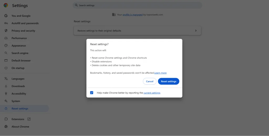 Khôi phục cài đặt Chrome về mặc định để sửa lỗi web và duyệt trang ổn định