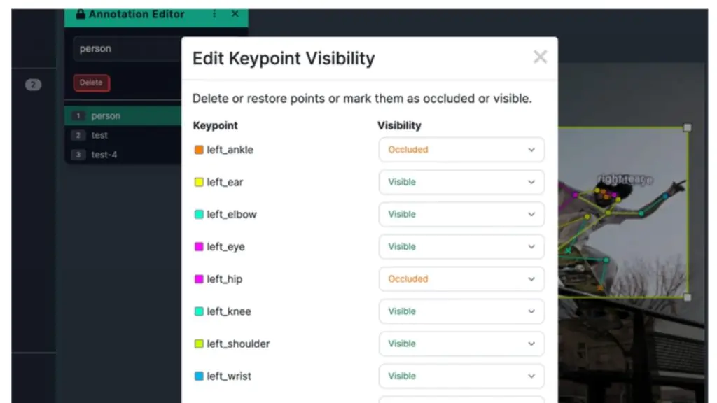 Bounding box kết hợp keypoints trong Roboflow.
