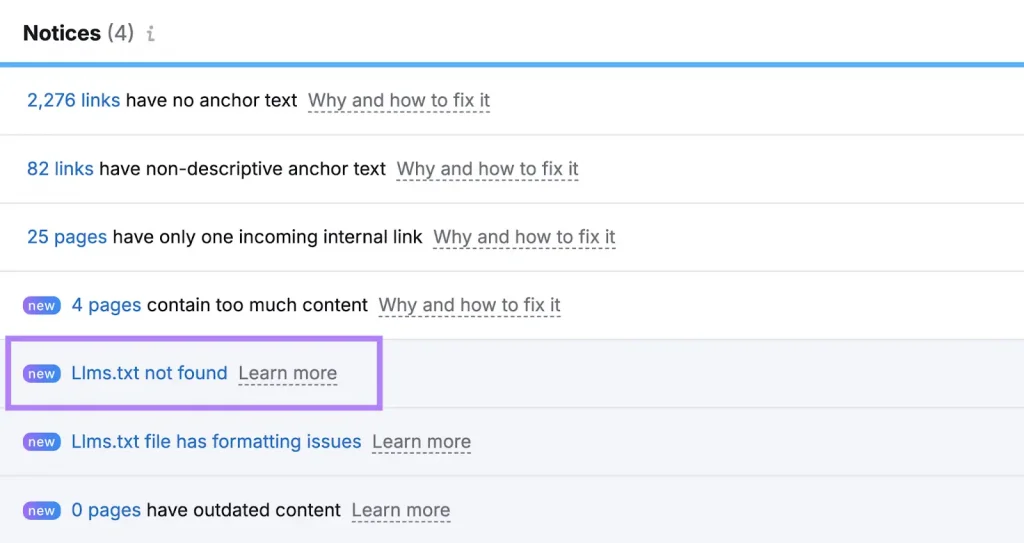 kiểm tra tệp llms.txt trong semrush