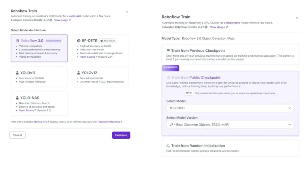 Chọn Roboflow 3.0 (YOLOv8) làm kiến trúc mô hình. 