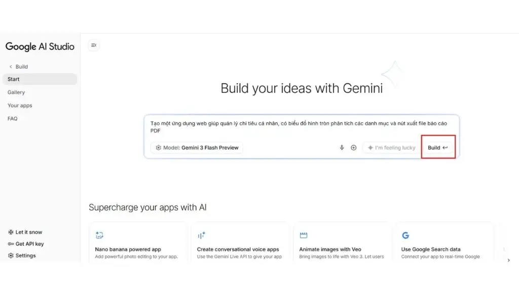 Nhập mô tả ý tưởng trong Google AI Studio để tạo ứng dụng AI với vibe coding