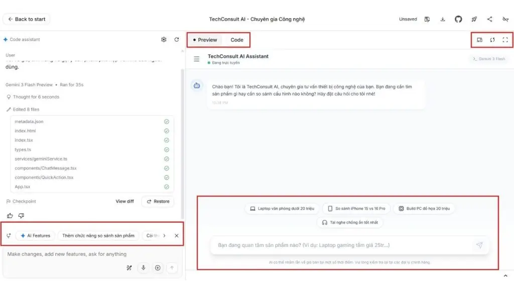 Preview và Code Google AI Studio