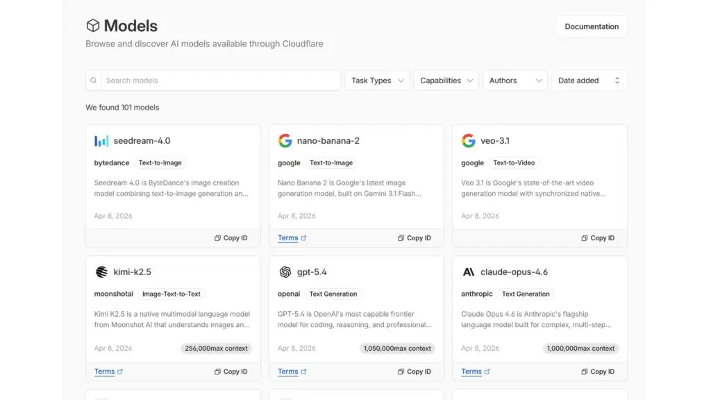 Cloudflare AI Platform hiển thị danh sách nhiều mô hình AI