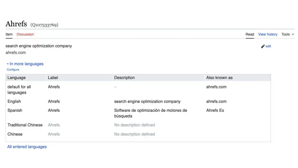 Trang Wikidata của Ahrefs hiển thị thông tin thực thể và mô tả doanh nghiệp SEO.