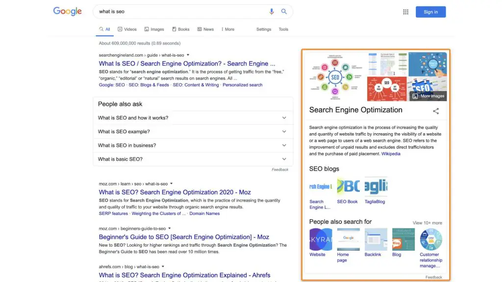 Kết quả tìm kiếm Google cho truy vấn “what is seo” với Knowledge Panel về Search Engine Optimization.