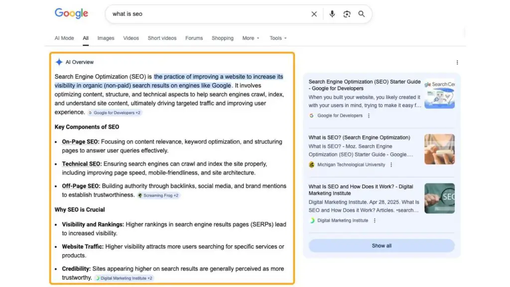 Google AI Overview trả lời trực tiếp truy vấn SEO ngay trên SERP.