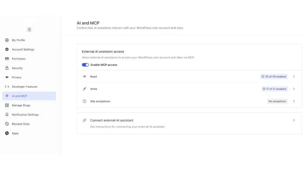 wordpress.com → ai and mcp → enable mcp tool access