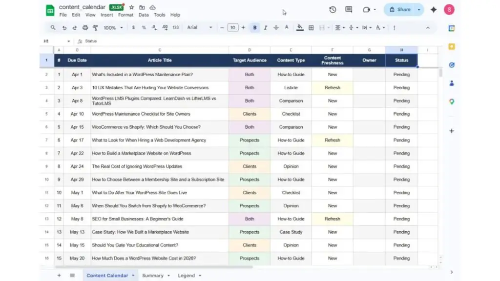 mở lịch biên tập trong google sheet