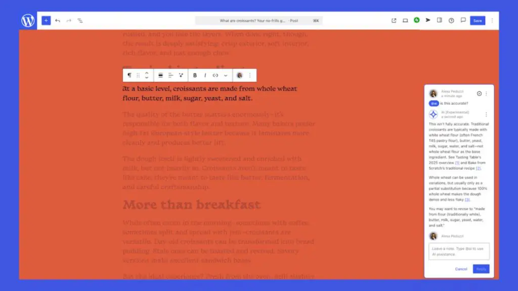 trợ lý ai của wordpress trong ghi chú khối