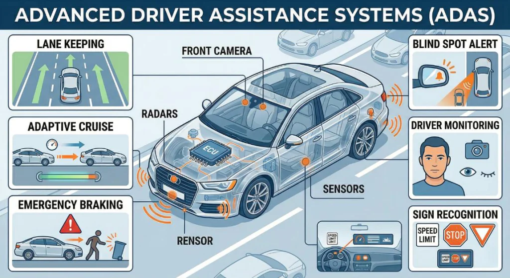 Advanced Driver Assistance Systems (ADAS) use cameras, radar, and sensors to detect hazards, assist drivers in real time, and improve road safety through intelligent driving features.