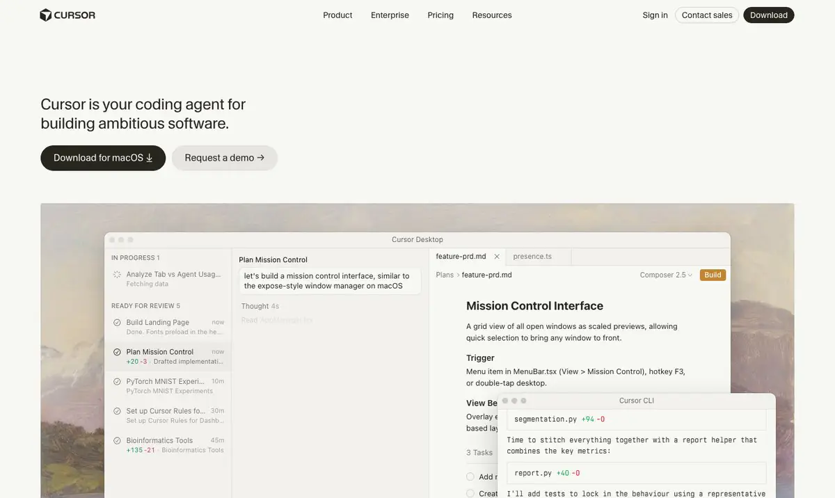 Cursor homepage, the AI-first code editor