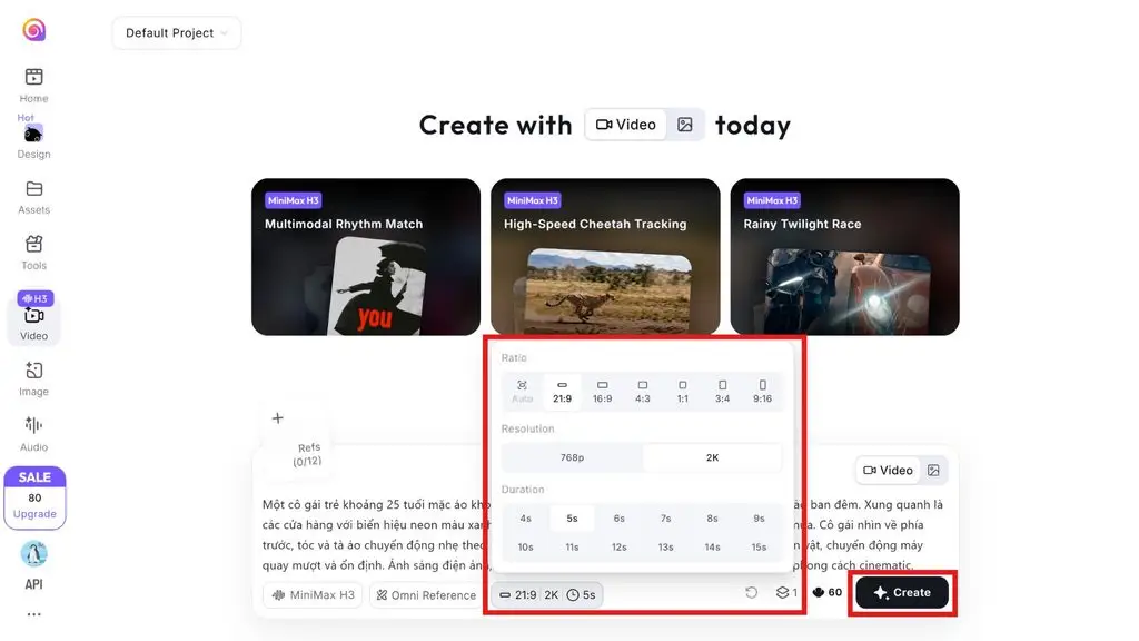 Creating a video and adjusting settings in Hailuo AI