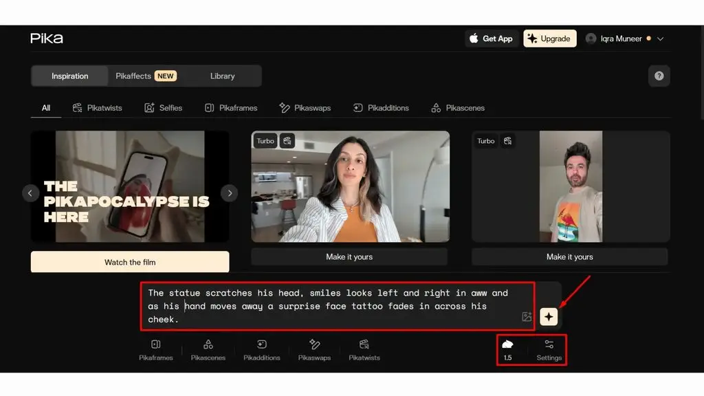 Giao diện Text-to-Video của Pika AI