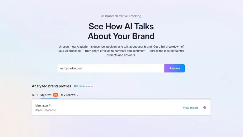 Giao diện Brand Performance hiển thị phân tích về cách AI nói về thương hiệu, gồm sentiment và narrative.